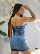 Vestido mujer en jean strech azul, sin mangas, con elástico en la espalda - vista trasera