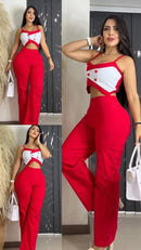 Conjunto dama REF F2167 top blanco con pantalón rojo y detalle cut-out - collage 4 poses en mujer