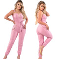 Enterizo deportivo de mujer color rosado, sin mangas con lazo en la cintura y bolsillos - vista frontal y trasera